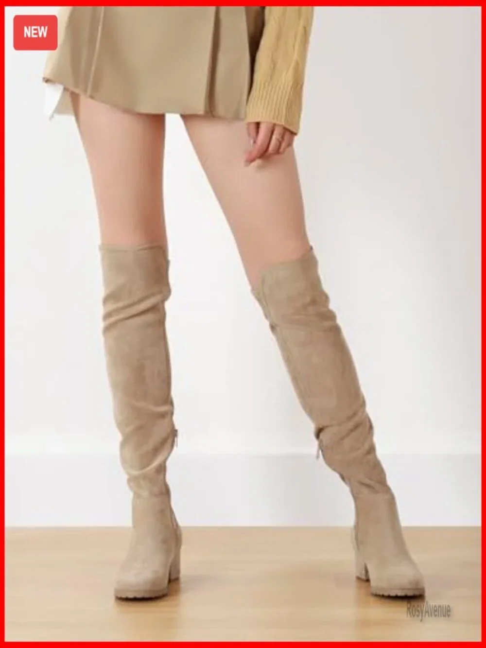 Chunky Block Low Heel Over The Knee Boots Side Zip Faux Suede